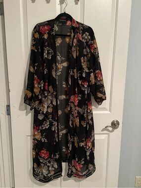 MINKPINK Black Sheer Floral Kimono with Pink & Gold Blooms